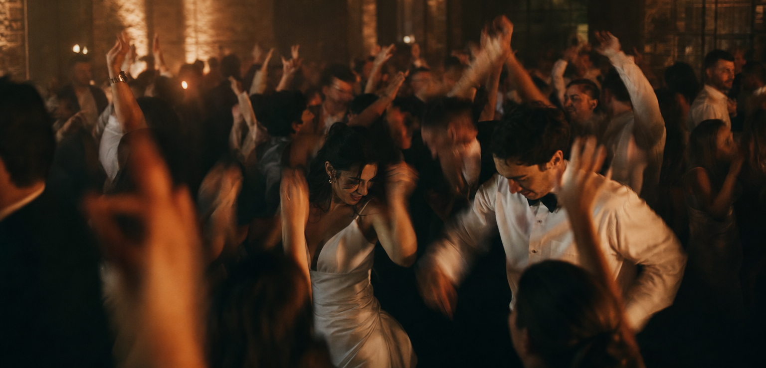 Guests and the couple dancing at a Perth wedding reception under warm uplighting