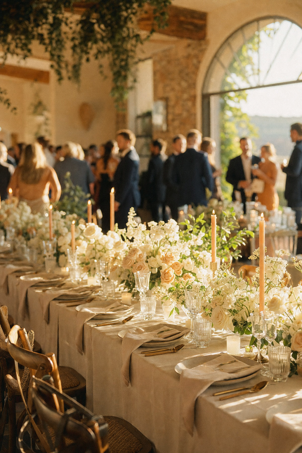 Wedding banquet table styled in cream and gold