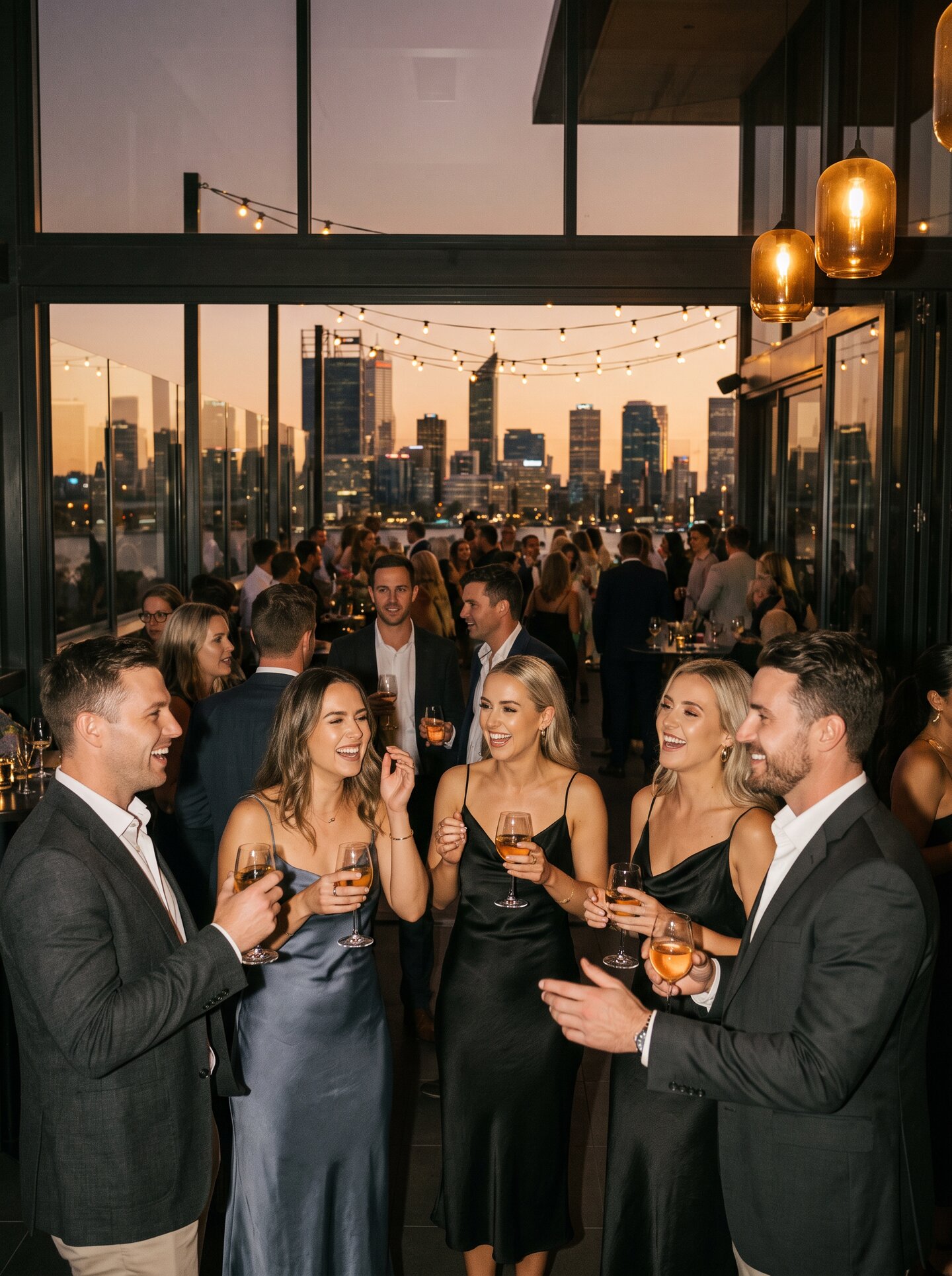 Guests at a Perth rooftop private event at dusk